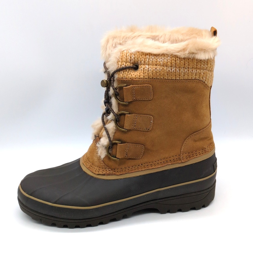 Lands End Shoes Womens Brown 8.5 Suede Boots Snow Work Ankle Fur Trim Warm NEW